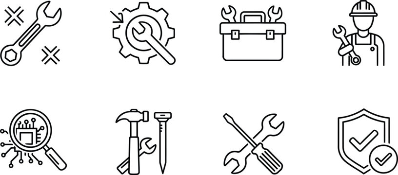 Set of eight line depicting tools, technology, and security wrench gear toolbox worker magnifying glass