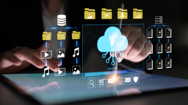 Digital Data Management Concept with Cloud Computing and File Organization through Touchscreen Interface at Night Fluxor.