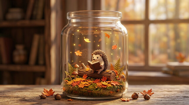 3D clay miniature autumn world inside a glass jar, featuring a cute hedgehog reading a book on a log with fallen maple leaves and glowing lights.