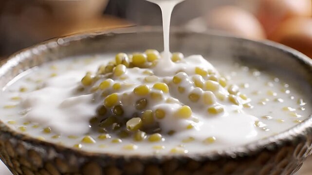 Delicious Mung Bean Dessert with Coconut Milk Being Poured.
