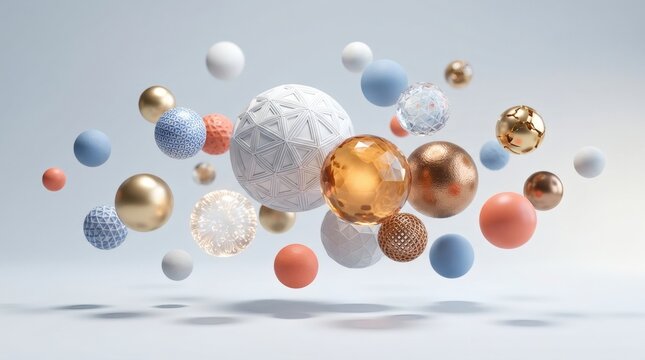 Colorful 3D spheres, metallic balls, floating shapes, abstract background