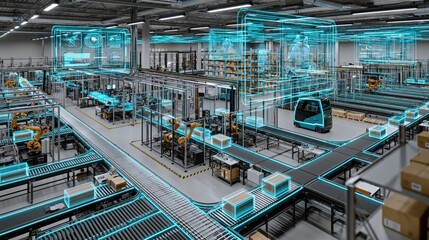 Fototapeta premium Futuristic automated factory with digital twin overlay showing smart manufacturing processes and logistics