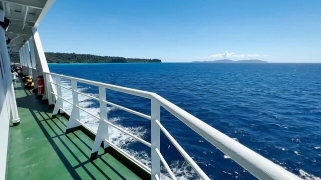 Scenic ocean view from ferry with green deck and white railing on a bright sunny day, island on the horizon