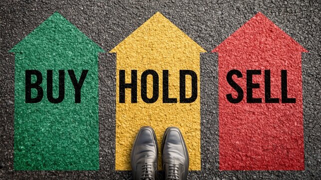A person stands at a crossroads with buy, hold, and sell arrows