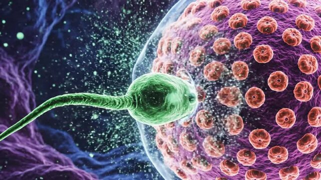 Animation of Sperm Penetrating an Egg Cell, Illustrating the Fertilization Process, Conception Concept