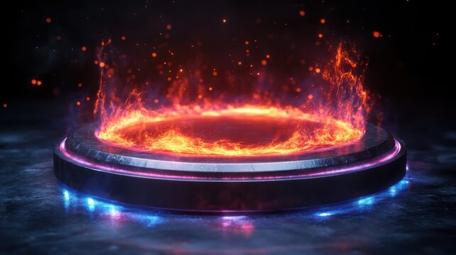 Abstract fiery ring platform on dark background