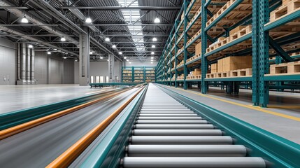 Obraz premium Modern industrial warehouse interior with conveyor belt, tall shelving, and stacked boxes, showcasing logistics and supply chain operations.