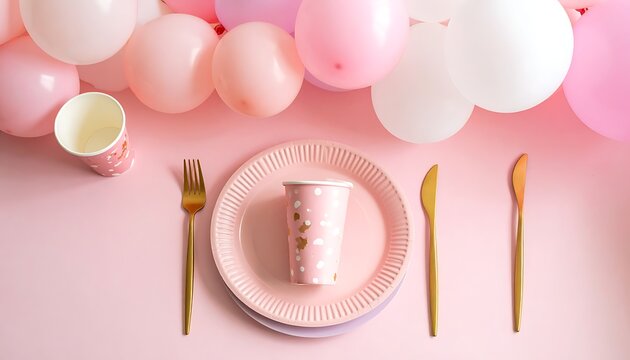 Pink table setting with balloons.