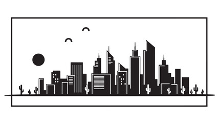 Obraz premium City skyline at sunset illustration with minimalist black buildings, desert cacti, and simple geometric sky elements