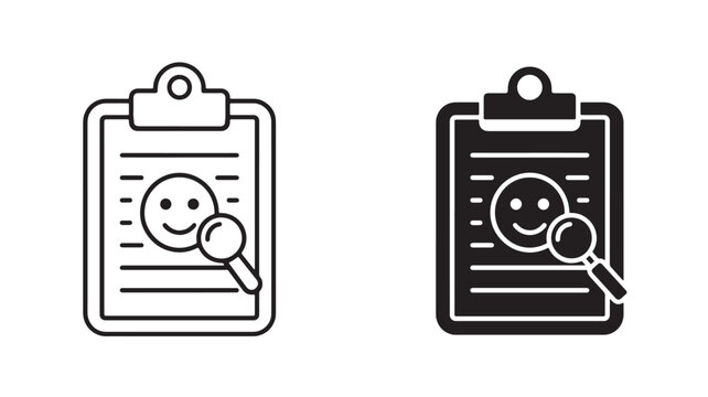 Clipboard magnifying glass face icon, medical inspection concept for hygiene check, customer support and analysis icon set