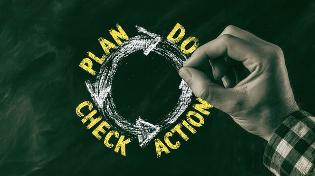 A hand drawing a PDCA cycle on a blackboard with chalk