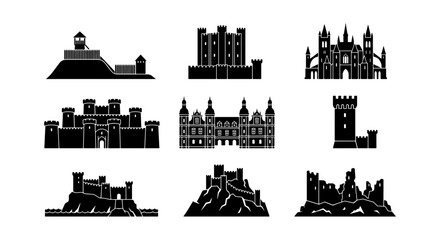 Castle Icons, Fortress Silhouettes, Medieval Architecture Vector Set © Idris