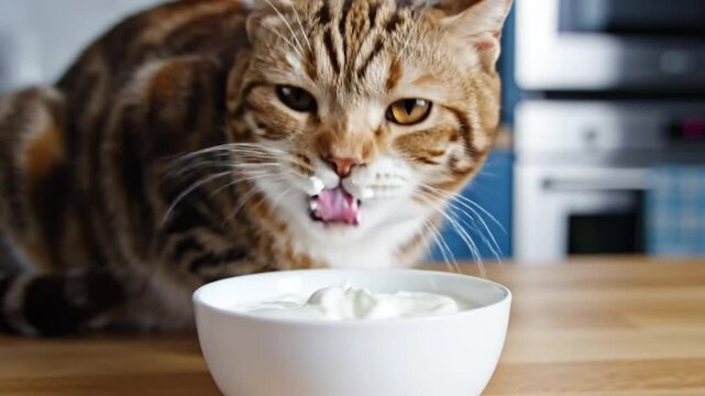 Cute tabby cat enjoying a bowl of yogurt, eating slowly with a relaxed expression on its face
