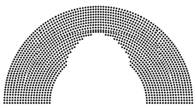 Arc dot-matrix graphic shape with halftone stipple texture, curved dotted border for retro poster design and UI effects