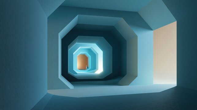 Abstract futuristic architectural tunnel with glowing octagonal shapes and a distant orange doorway