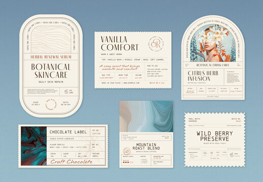 Product Label Template Set, Retro Vintage Product Packaging Sticker Tags For Food, Drink, Cosmetics