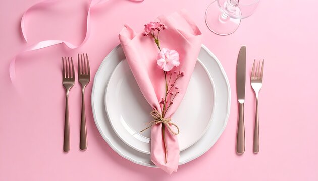 Pink table setting with flower napkin.