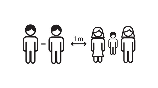 People distance pictogram set with arrows showing 1 meter spacing between men, women, and child figures