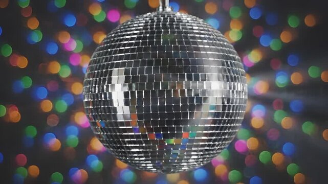 Sparkling Disco Ball Reflecting Colorful Lights in a Dark Room.