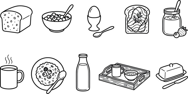 Scandinavian continental breakfast and morning porridge buffet line icon set for hygge cafe menu template design