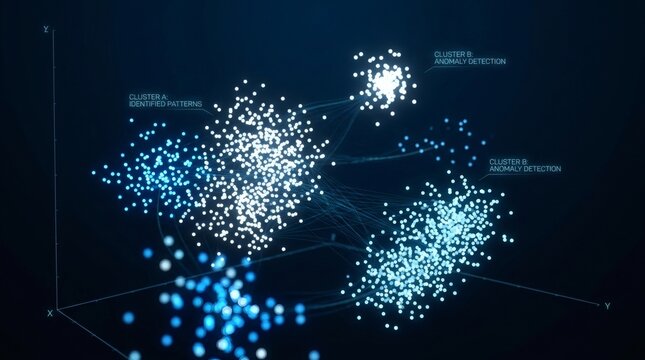 Big data visualization, 3D scatter plot, blue and white particles, network connections, data points
