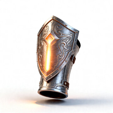 Glowing Fantasy Energy Shield Bracer in Metallic Silver with Intricate Engravings