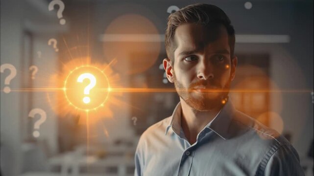 Thoughtful man surrounded by glowing question marks, contemplating a complex problem or seeking an answer
