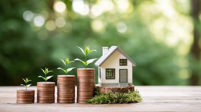 A small house model with growing plants on stacked coins on a table