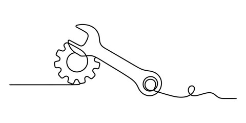 Naklejka premium Continuous line drawing of a wrench and gear