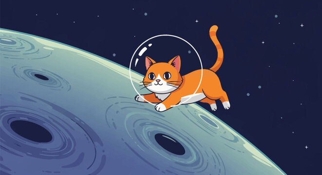 Flat vector illustration of a cute orange and white tabby cat wearing a transparent bubble astronaut helmet floating above a blue cratered planetary surface in deep dark space.