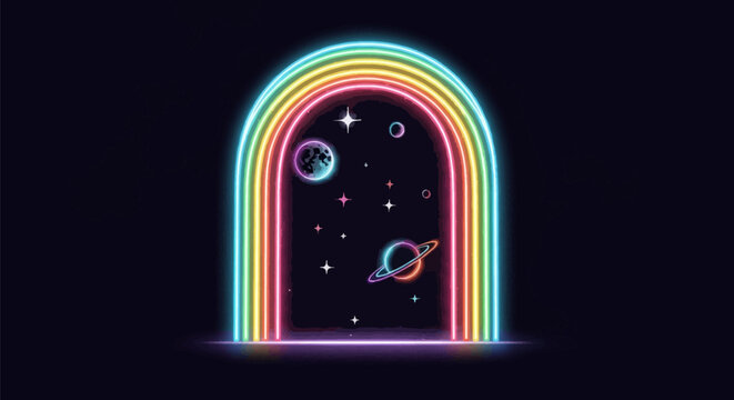 Neon rainbow arch shaped portal containing a view of outer space with stars and planets, including a moon and a ringed planet, glowing vector design on a dark background.