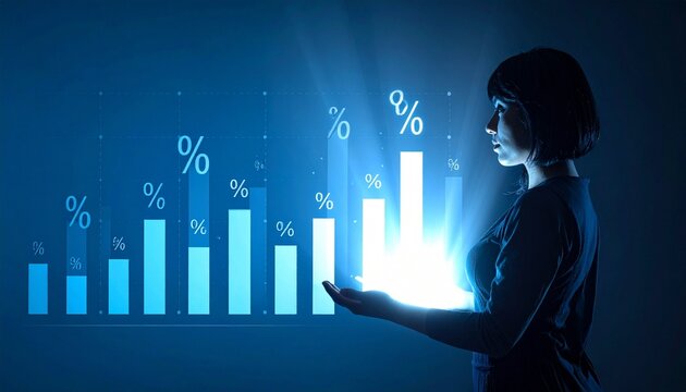 Person facing holographic bar chart glowing futuristic data analysis metrics