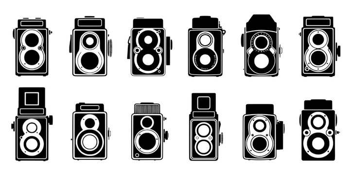 Cameras vintage set with retro design and classic lenses featuring photography, black and white, film with analog and old-fashioned elements for