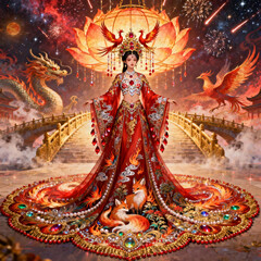 Fototapeta premium Chinese Mythology Dragon‑Phoenix Nine‑Tailed Fox Imperial Lady Thread‑Embroidery Art