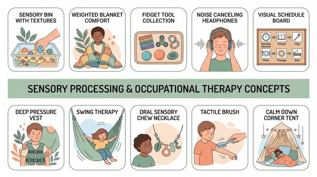 Sensory Processing Disorder Occupational Therapy Tools Flat Vector Set