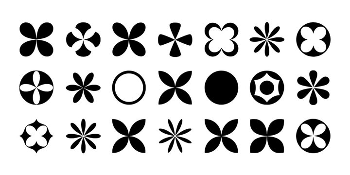 Flower icons vector set with outlined petals and solid rosette shapes for decorative design backgrounds