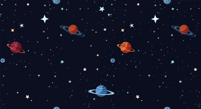 Seamless vector illustration of an outer space pattern featuring various colorful planets with rings, celestial stars, and cosmic dust on a dark navy blue background for wallpaper.