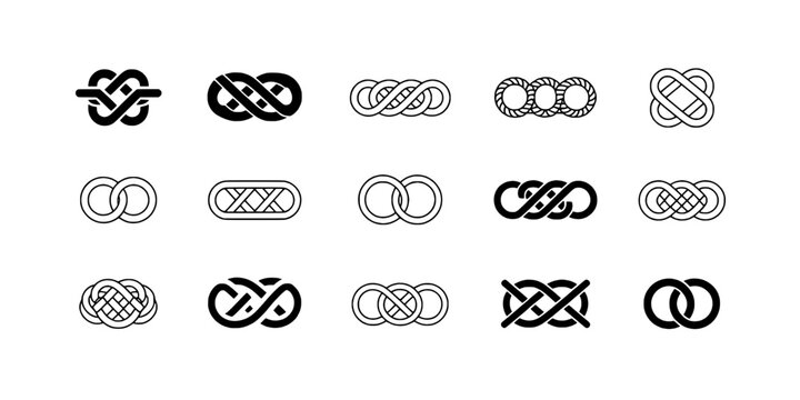 Knots decorative line icon set with interlaced loops and braided rope shapes for nautical and craft themes