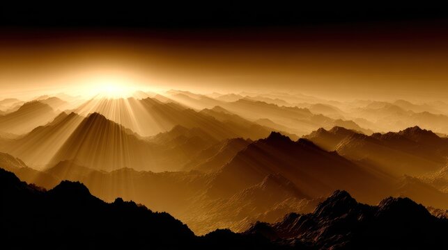 Brilliant sunburst illuminates vast, layered mountain ranges during atmospheric twilight