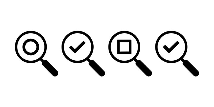 Magnifying glass icons with check marks and circle details on white background for search and audit interfaces