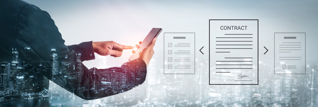A businessman interacts with a smartphone to digitally sign a contract. The city skyline and modern technology highlight the evolution of document management and business transactions. Cyphers
