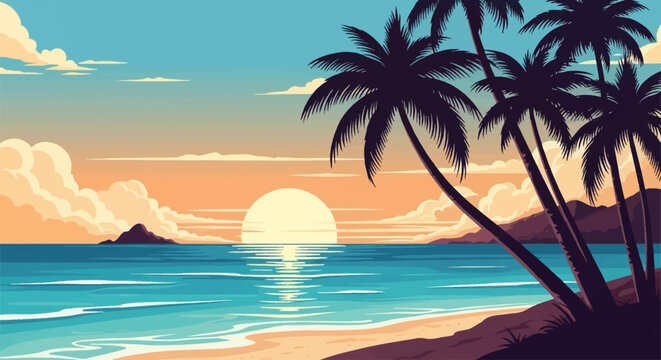 Vector illustration of a tropical beach landscape at sunset featuring silhouetted palm trees, calm ocean waves, distant mountain islands, and a large setting sun with clouds.