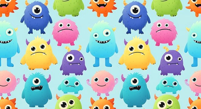 Colorful monster characters repeating pattern on light blue background