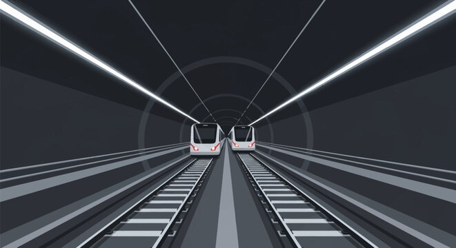 Symmetrical vector illustration of two modern subway trains on parallel tracks inside a dark underground tunnel with bright linear fluorescent lights leading into perspective.