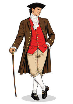 085-42-Smiling man standing in historical clothing including tricorn hat and breeches
