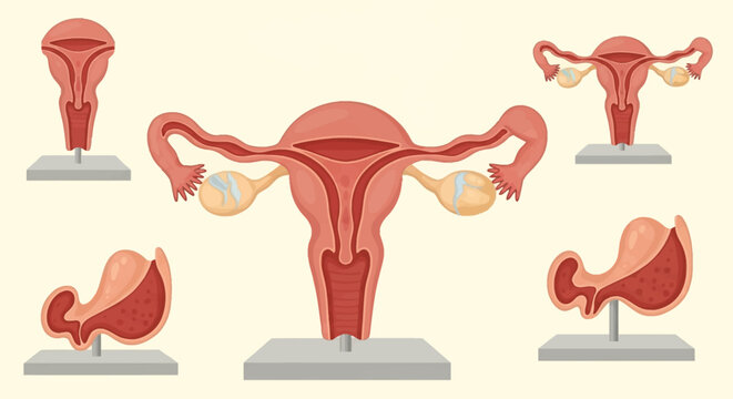 Anatomical models of the female reproductive system including the uterus, ovaries, fallopian tubes, and cervix on display stands, showing internal structures for medical education.