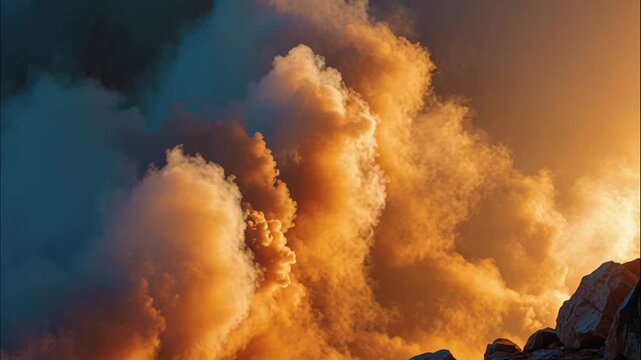 Awe-inspiring spectacle of colossal golden clouds dramatically illuminated by intense light, showcasing nature's raw power and atmospheric magnificence