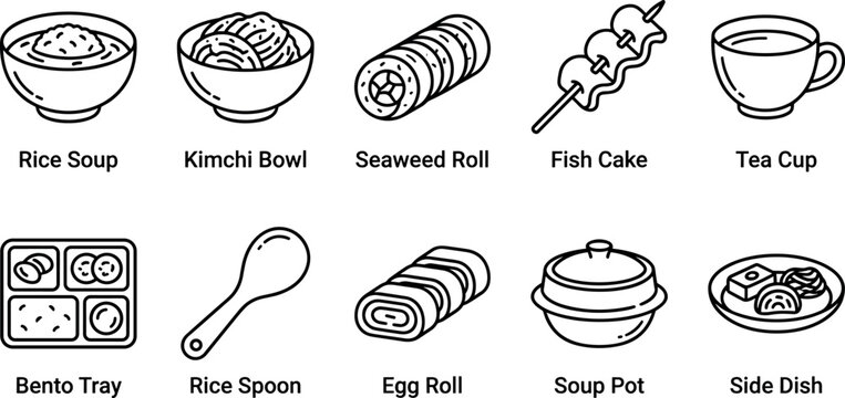 Traditional Korean breakfast cuisine and Asian street food gastronomy line icon set for authentic restaurant menu branding and bento packaging layout