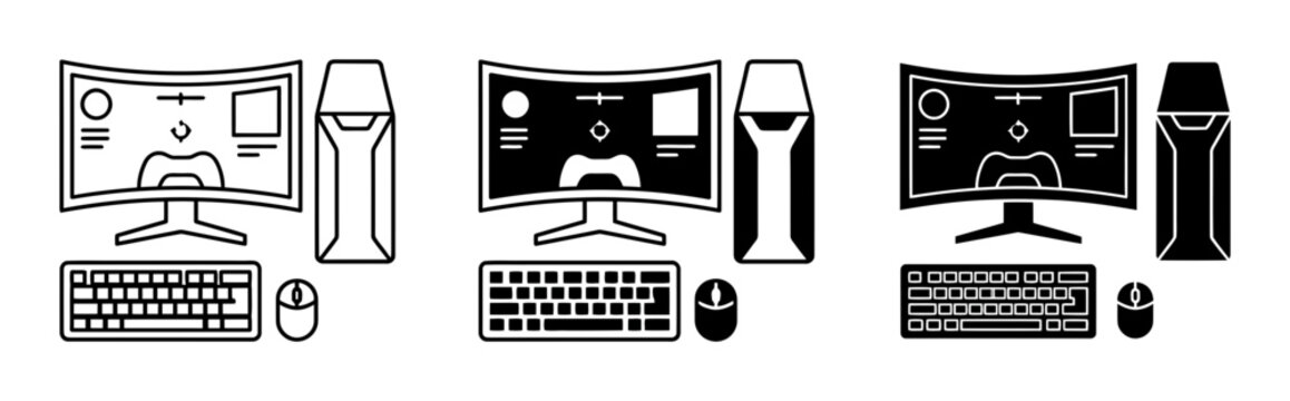 3 Office computer silhouette icons, monitor keyboard mouse, business workspace set, solid line style, technology