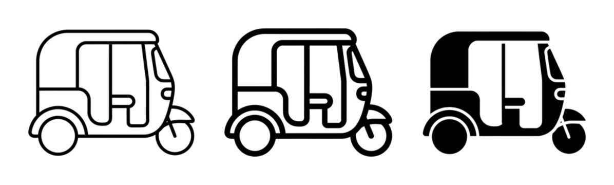 3 Tuk-tuk silhouette icons, solid black style, transportation set